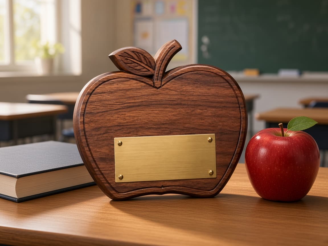 Teacher Appreciation Plaque design concept beside everyday objects for scale