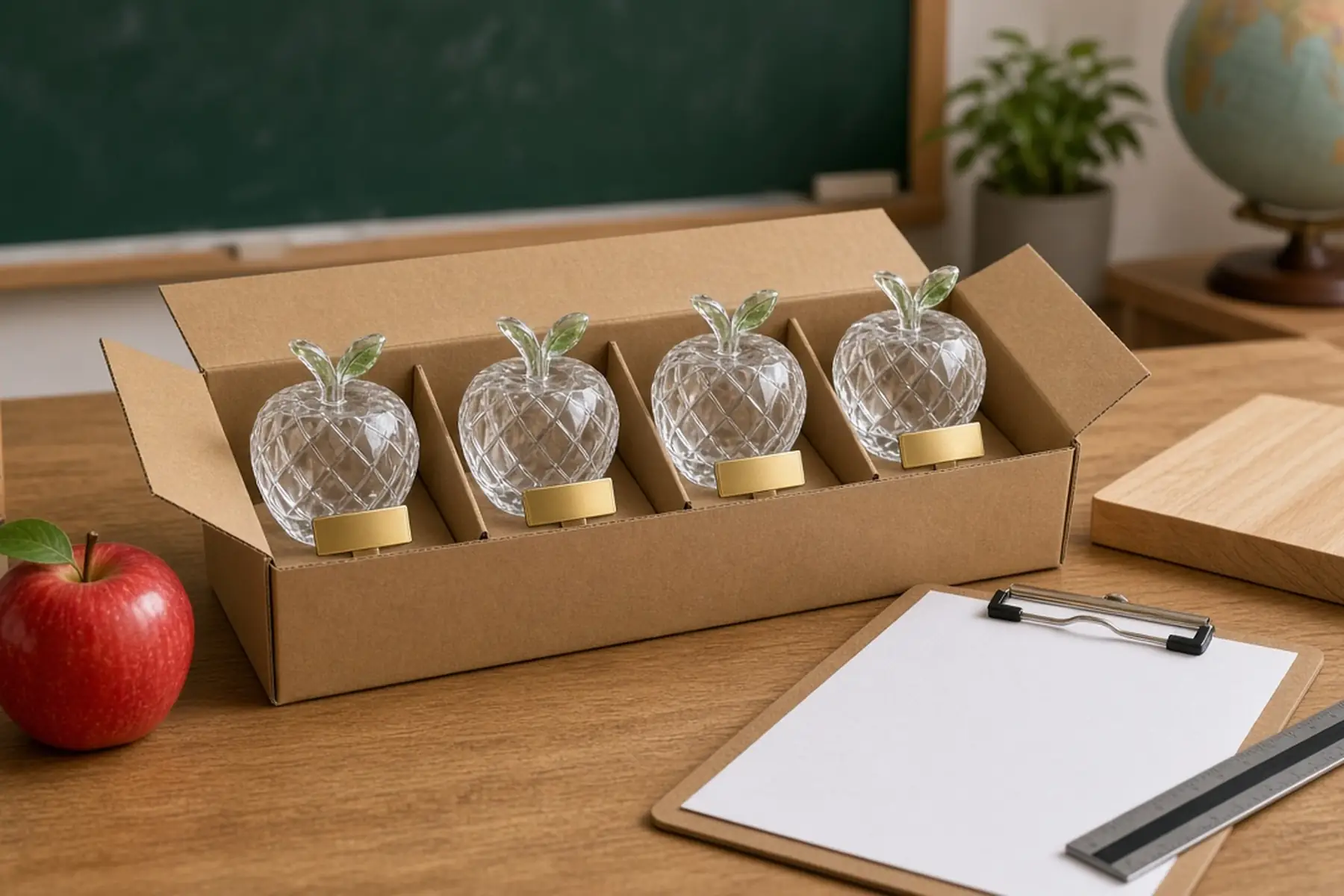 Coordinated order concept: matching Crystal-Style Apple Acrylic Award pieces grouped and separated for packing