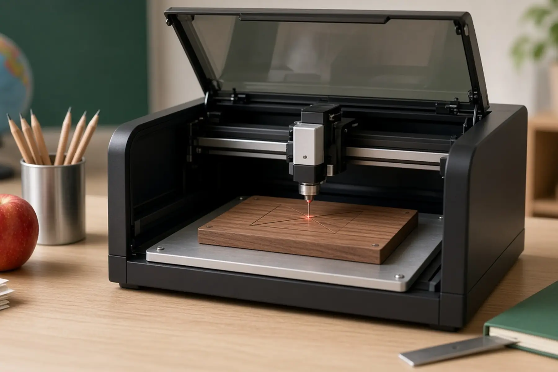 Engraving concept: a blank plate for a Teacher Appreciation Plaque inside an enclosed marking machine