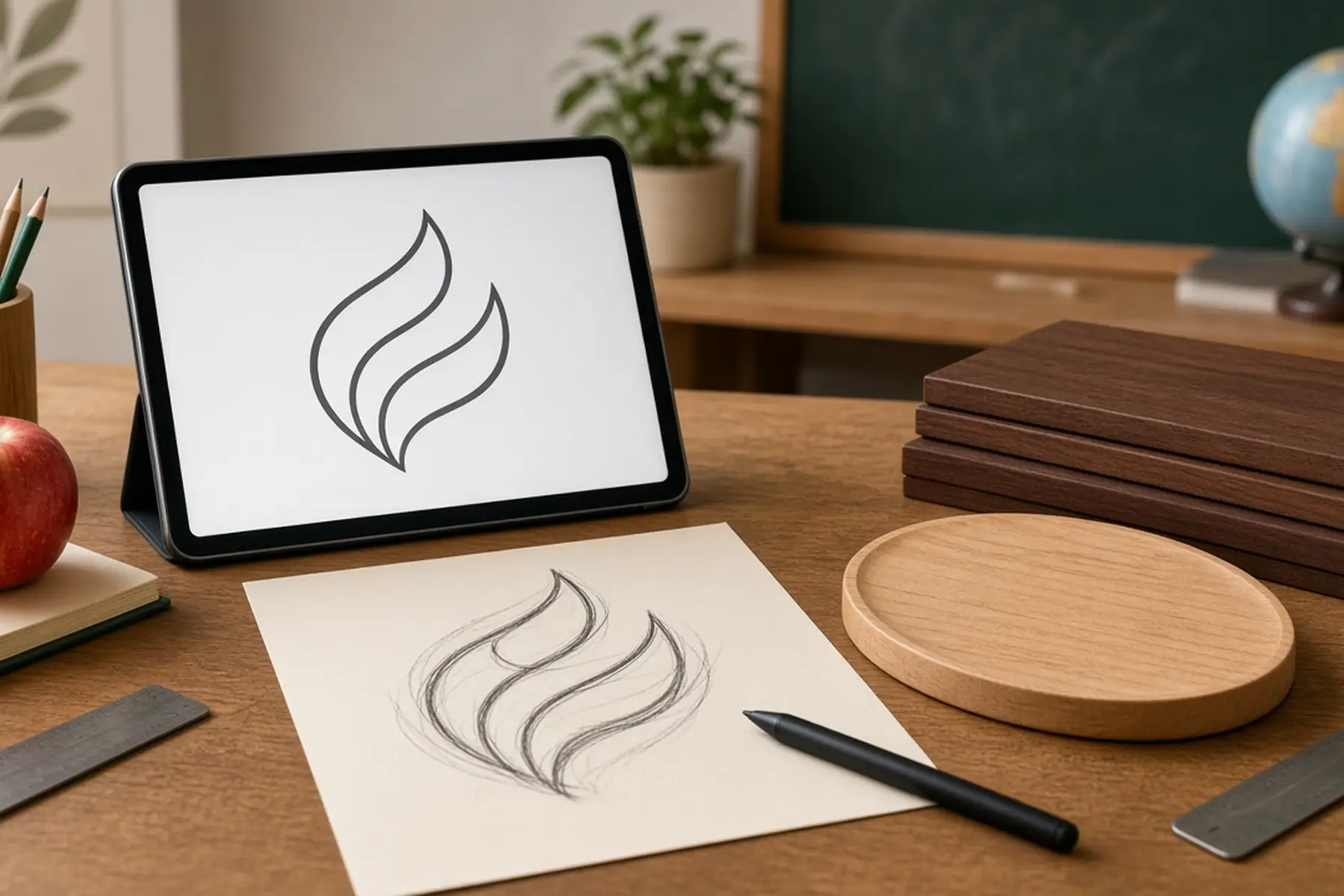 Artwork preparation concept: a simple emblem converted to clean outlines for a Teacher Appreciation Plaque