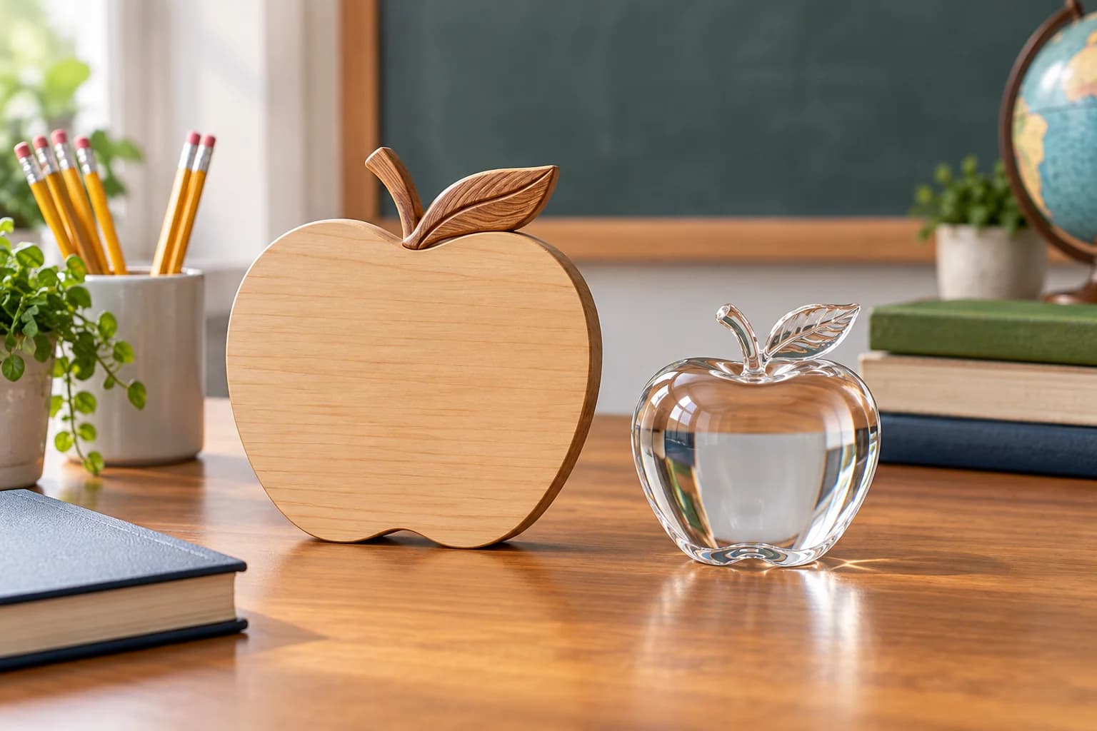 Apple-shaped teacher appreciation concepts on a classroom desk