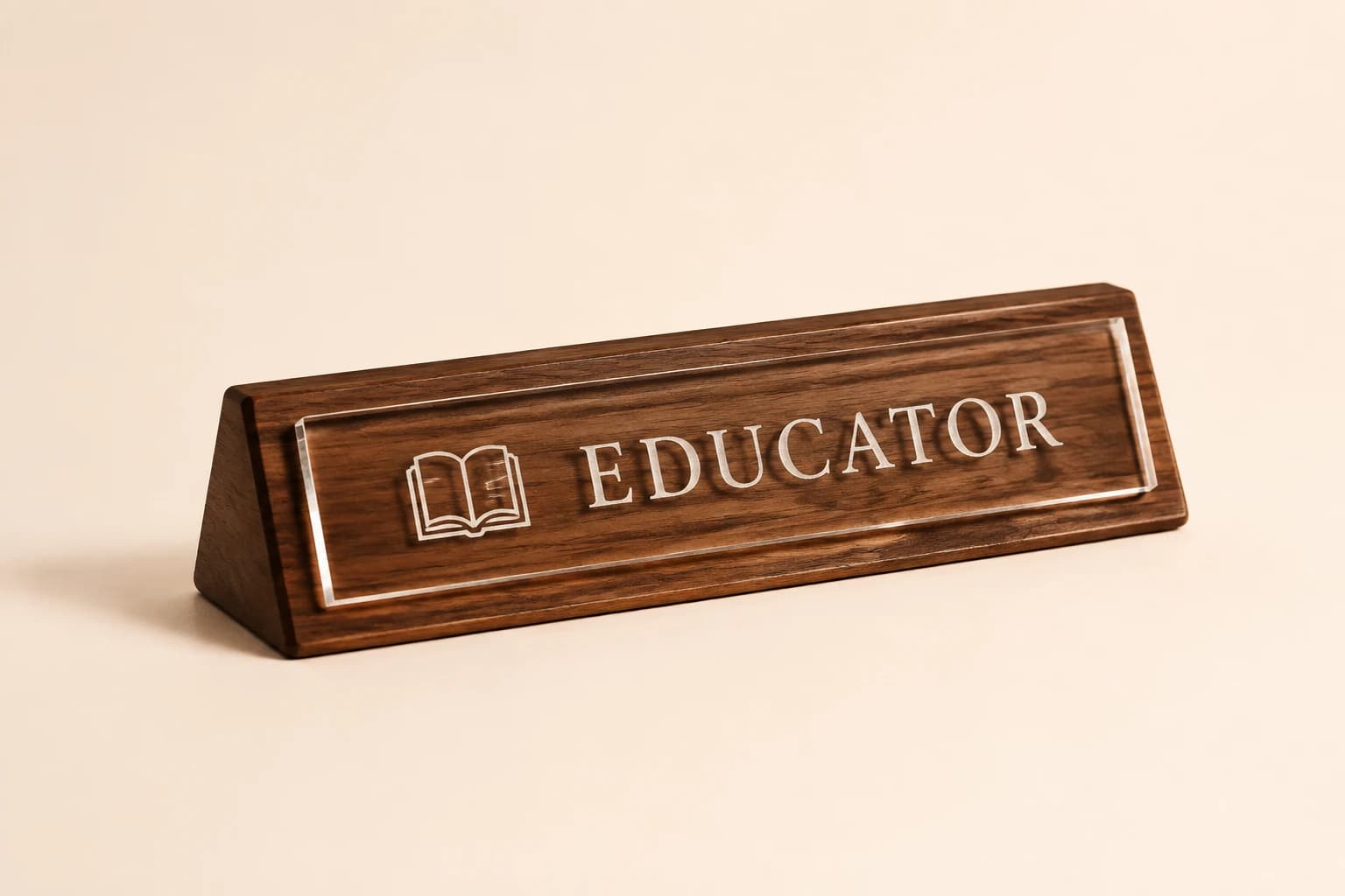 Long walnut teacher desk wedge with an acrylic engraving face.
