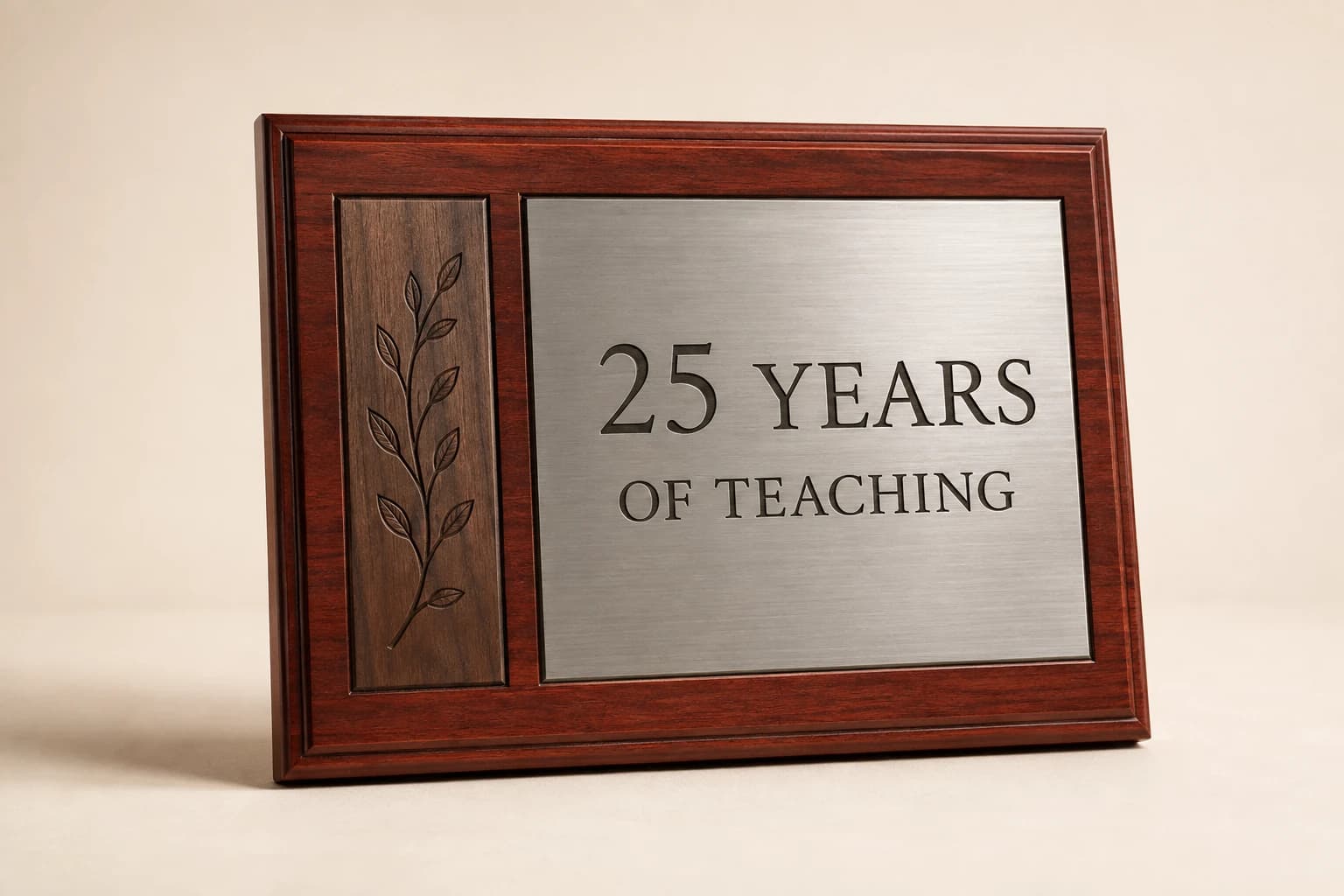 Cherry service plaque with a pewter plate and botanical walnut inlay.