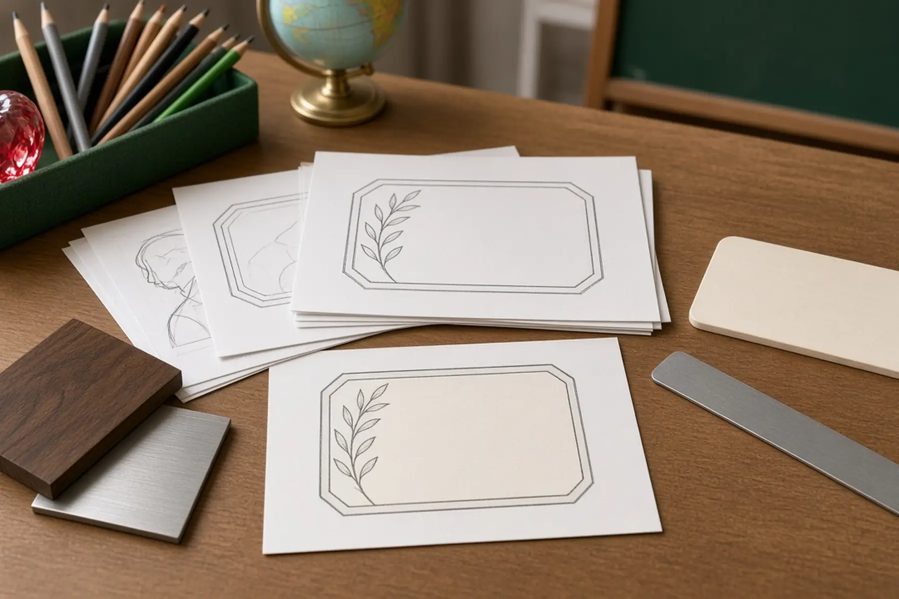Design planning concept for a Teacher Appreciation Plaque: sketches, material swatches and a blank sample shape