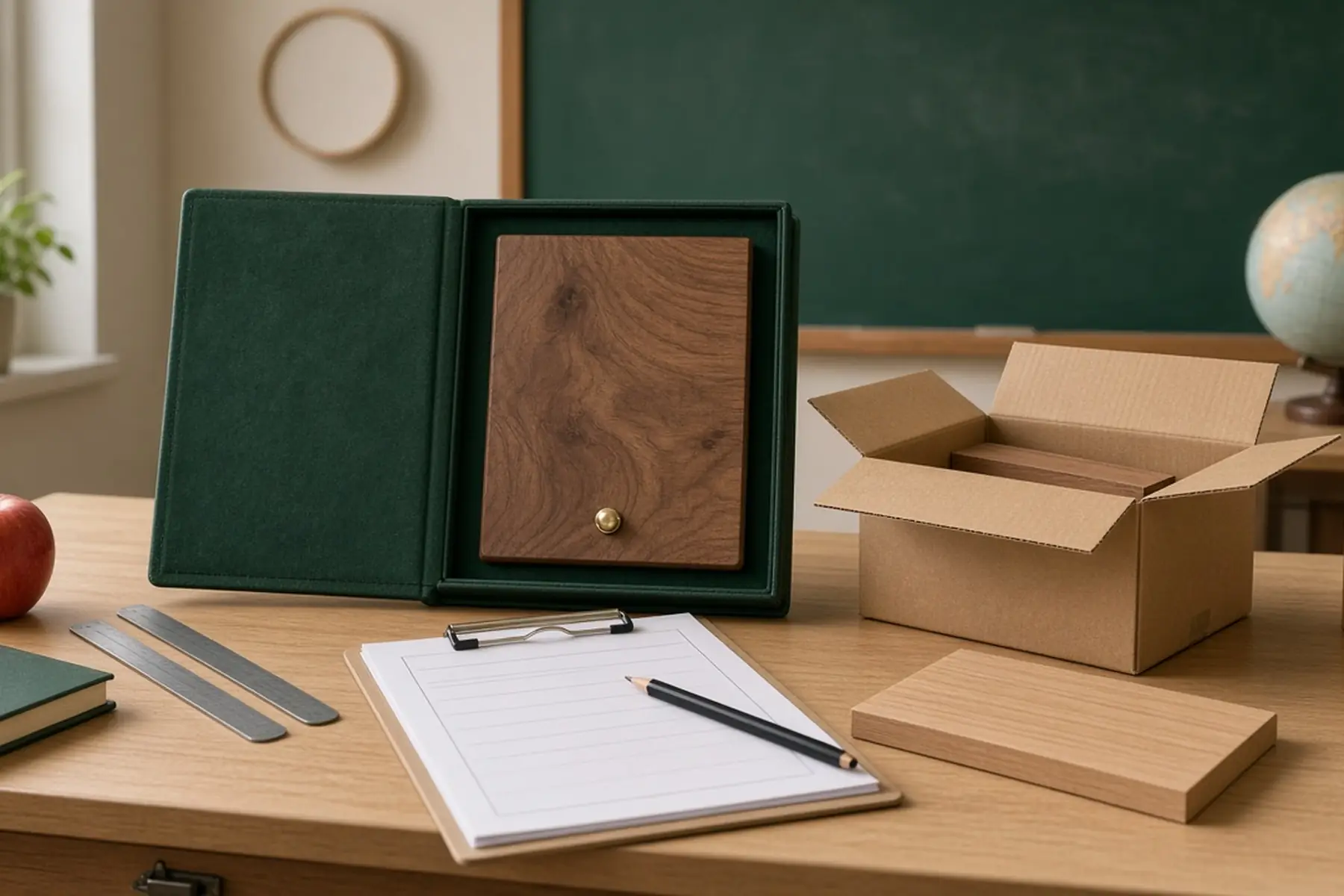 Rush planning concept: a Teacher of the Year Plaque, carton and checklist arranged around an arrival date